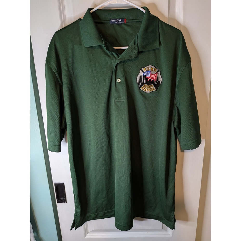 Sport-Tek FDNY Fleet Services Polo Shirt Mens Green Short Sleeve Mesh Top